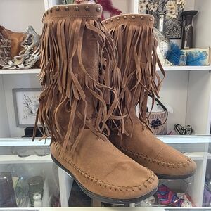 Rampage Careese Women's Size 9 Cognac Brown Fringe Moccasin Boots
